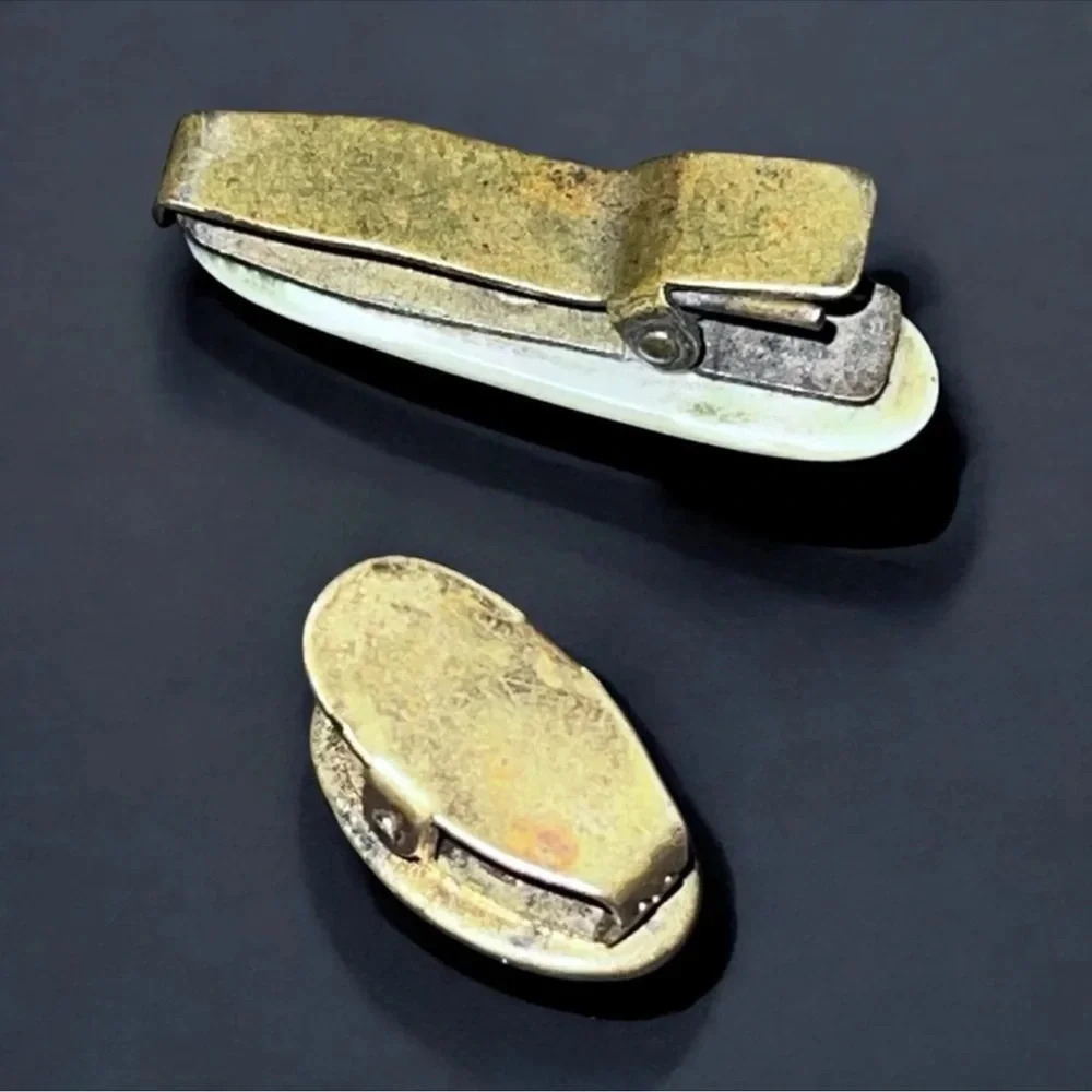 Vintage Mother of Pearl Gold Tone Dress Clip Hair Barrette Tie Clip Set of 2 - Picture 2 of 6